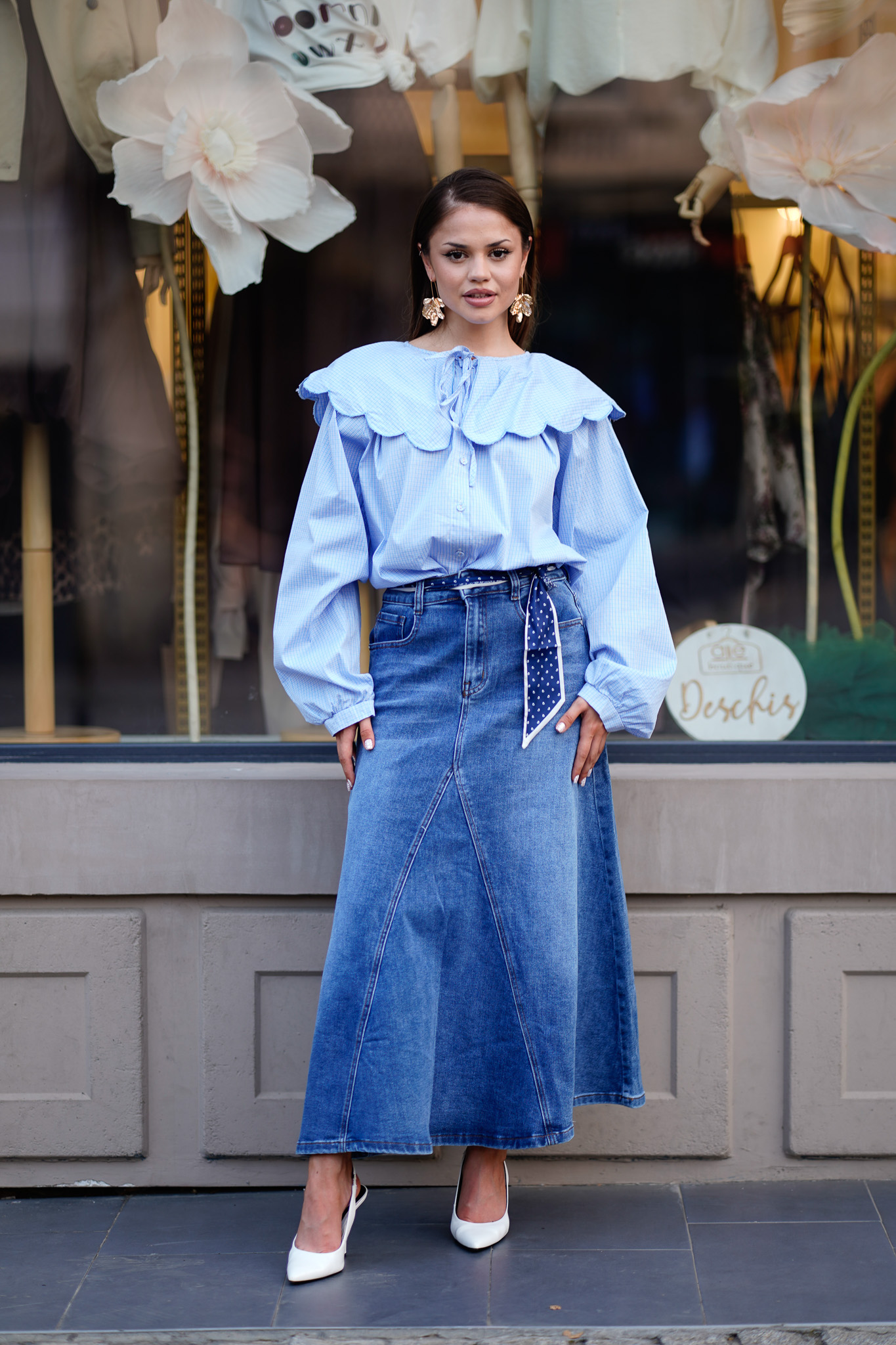 Bluză Vaporoasă Bleu cu Volane